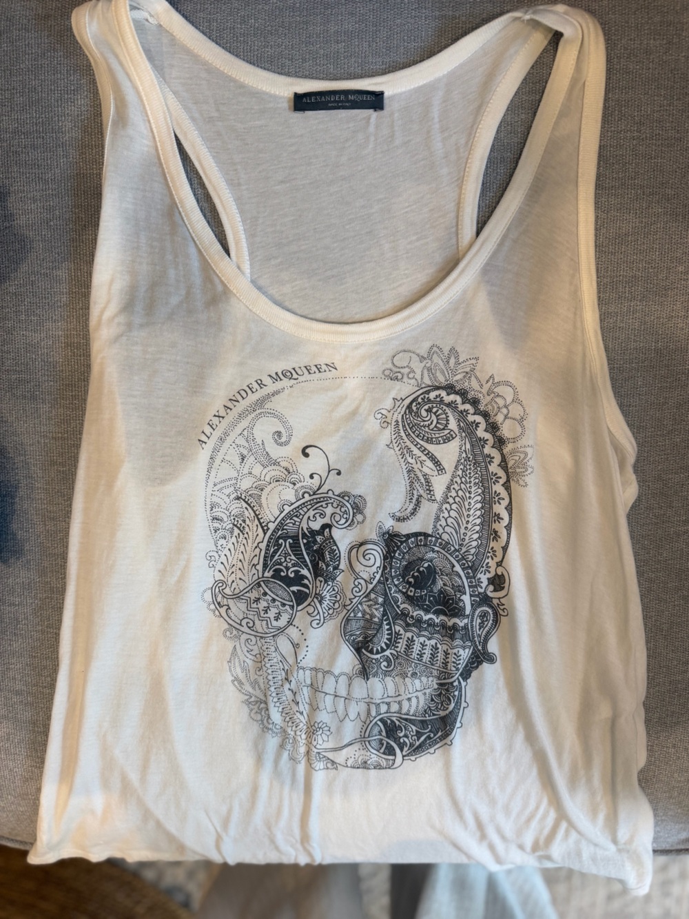 Alexander McQueen White Tank with Ornate Black Skull Print